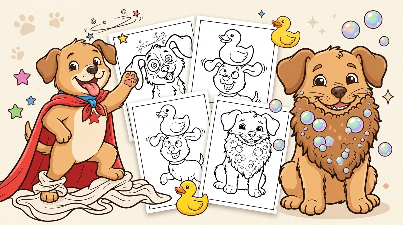 dog coloring pages featuring a puppy in a superhero cape, a bubbly soapy puppy, and black-and-white puppy previews with a duck and dizzy eyes