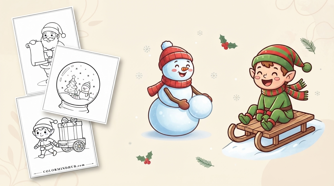 Cute snowman and elf riding a sled Christmas coloring pages