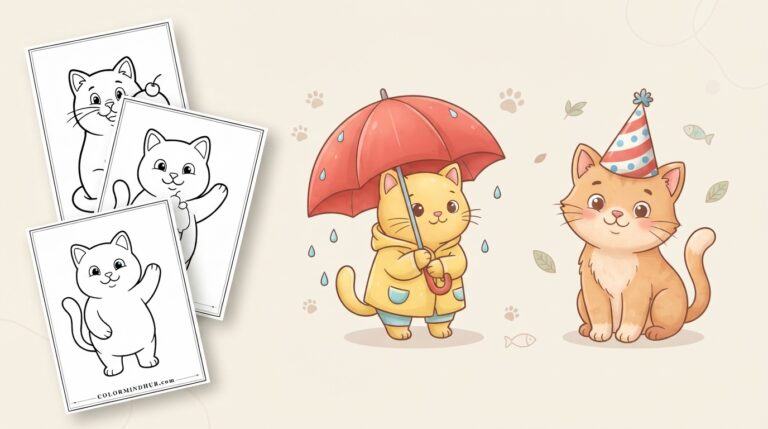 cat coloring pages featuring a yellow cat wearing a yellow raincoat under a red umbrella, an orange cat wearing a party hat, and black-and-white waving kitten sheet previews