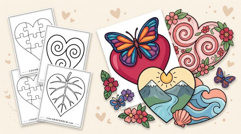 Featured image for Heart Coloring Pages featuring colorful heart illustrations with butterflies, flowers, mountain landscapes, and ocean waves, alongside black and white printable puzzle and leaf heart coloring sheets.