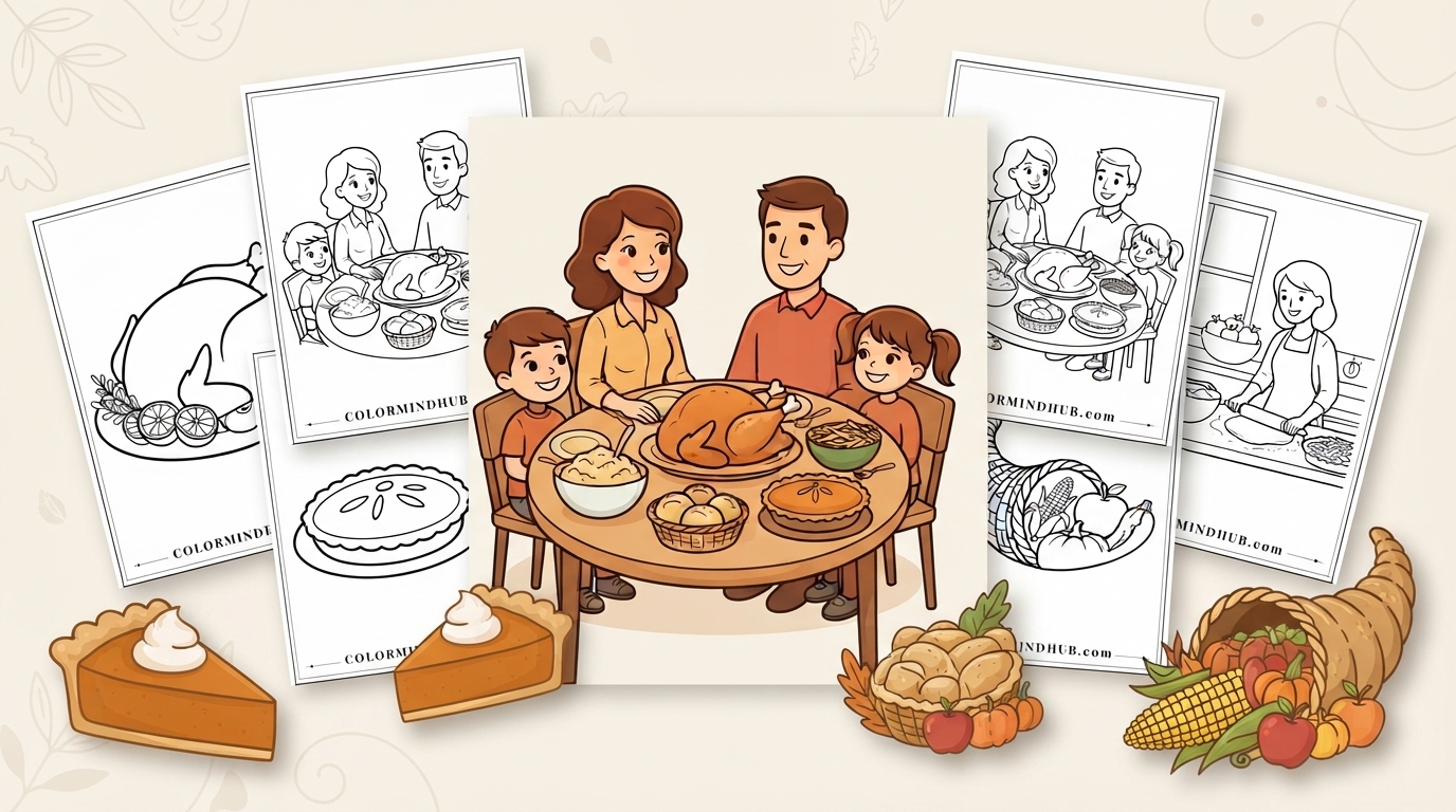 Thanksgiving coloring pages featuring a family enjoying a feast together, with pumpkin pie slices and a cornucopia basket, alongside black-and-white dinner sheet previews