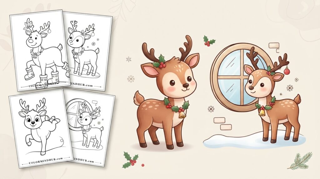 Christmas coloring pages featuring a colored reindeer wearing a Christmas wreath with a bell, and another colored reindeer by a round window, alongside black-and-white holiday sheet previews.