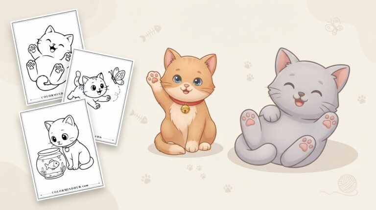 Cute cat coloring pages featuring an orange tabby kitten waving with a bell collar, a happy grey kitten lying on its back, and black-and-white kitten with a butterfly and fishbowl previews