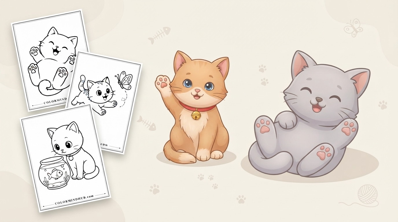 Cute cat coloring pages featuring an orange tabby kitten waving with a bell collar, a happy grey kitten lying on its back, and black-and-white kitten with a butterfly and fishbowl previews