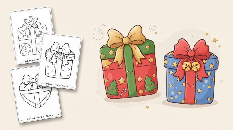Christmas coloring pages featuring a colored green-and-red present with a golden bow, a blue present with a red bow and bells, and black-and-white holiday gift sheet previews