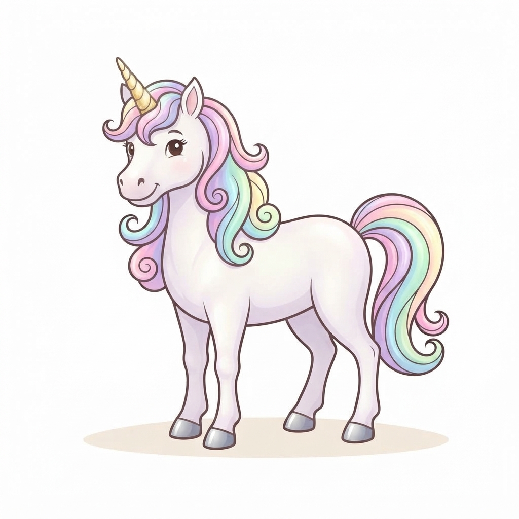 Full-body illustration of a unicorn with a rainbow-colored mane and tail