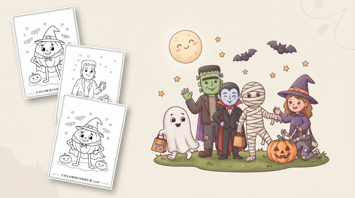 Halloween coloring pages featuring a group of diverse costumed kids (Frankenstein, Dracula, mummy, witch, ghost) with a pumpkin, and black-and-white trick-or-treater sheet previews