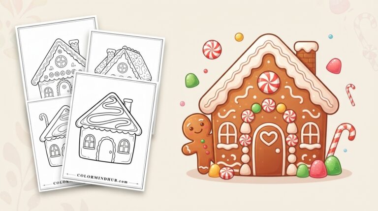 Christmas coloring pages featuring a decorated gingerbread house with a small gingerbread man, and black-and-white holiday house sheet previews