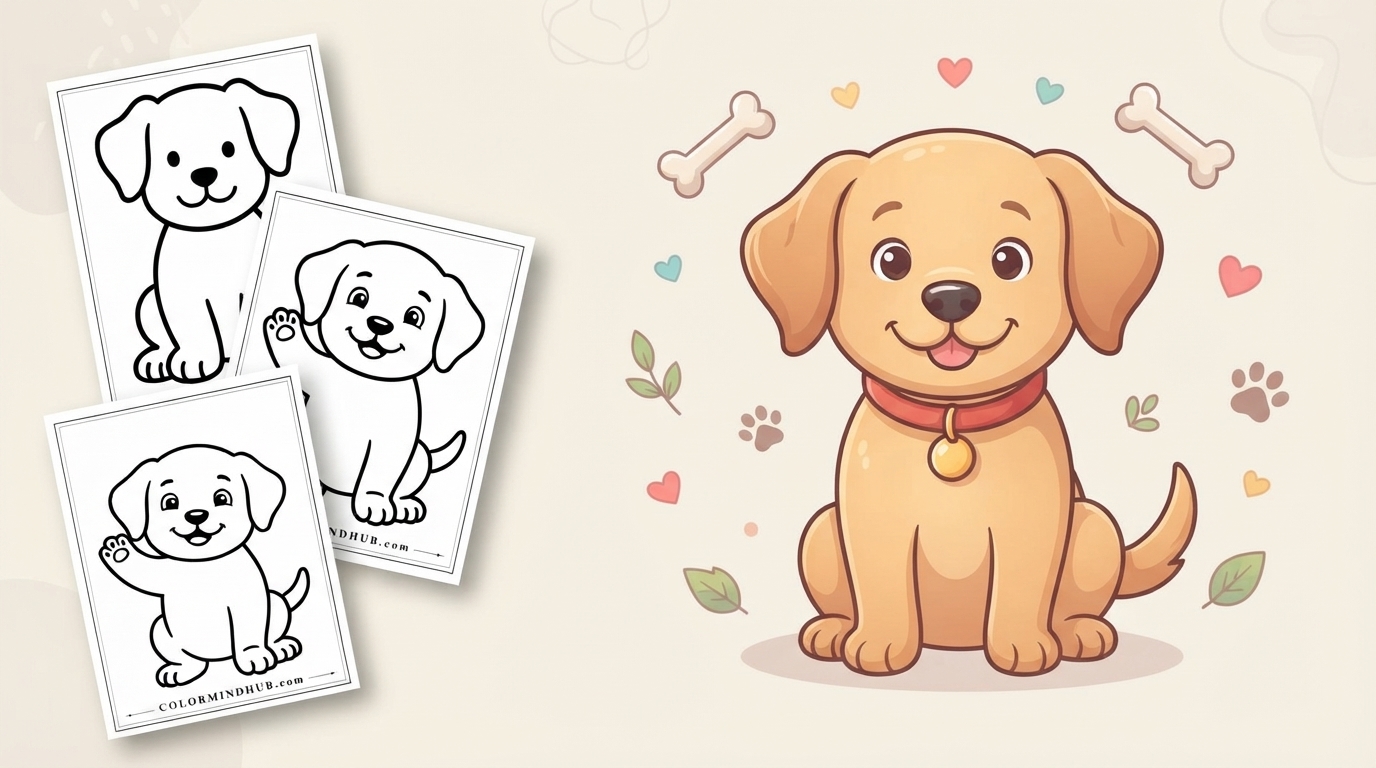 dog coloring pages featuring a sitting light-brown puppy wearing a red collar with a tag, alongside black-and-white puppy sheet previews