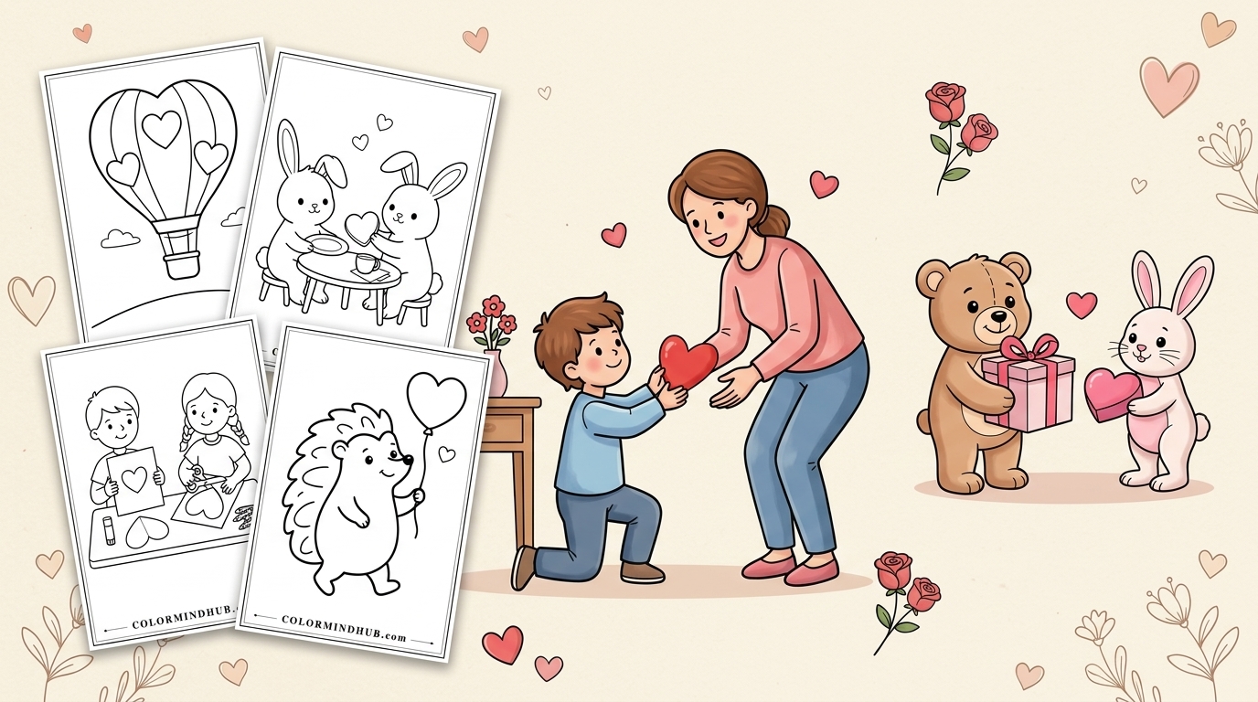 Featured image for Valentine’s Day Coloring Pages showing a boy giving a red heart to his mother, a teddy bear with a gift box next to a cute bunny, and black and white printable Valentine’s Day coloring sheets featuring a heart hot air balloon, bunnies, and a hedgehog.