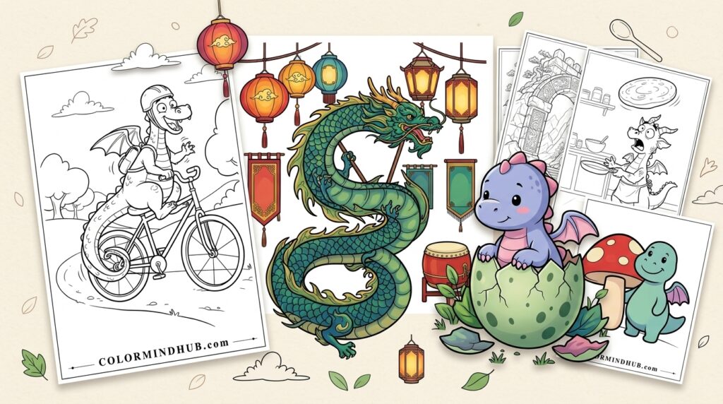 Featured image for Dragon Coloring Pages featuring a green traditional Chinese dragon with lanterns, a cute purple baby dragon hatching from an egg, and black and white printable dragon coloring sheets.