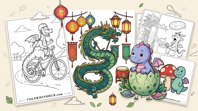 Featured image for Dragon Coloring Pages featuring a green traditional Chinese dragon with lanterns, a cute purple baby dragon hatching from an egg, and black and white printable dragon coloring sheets.