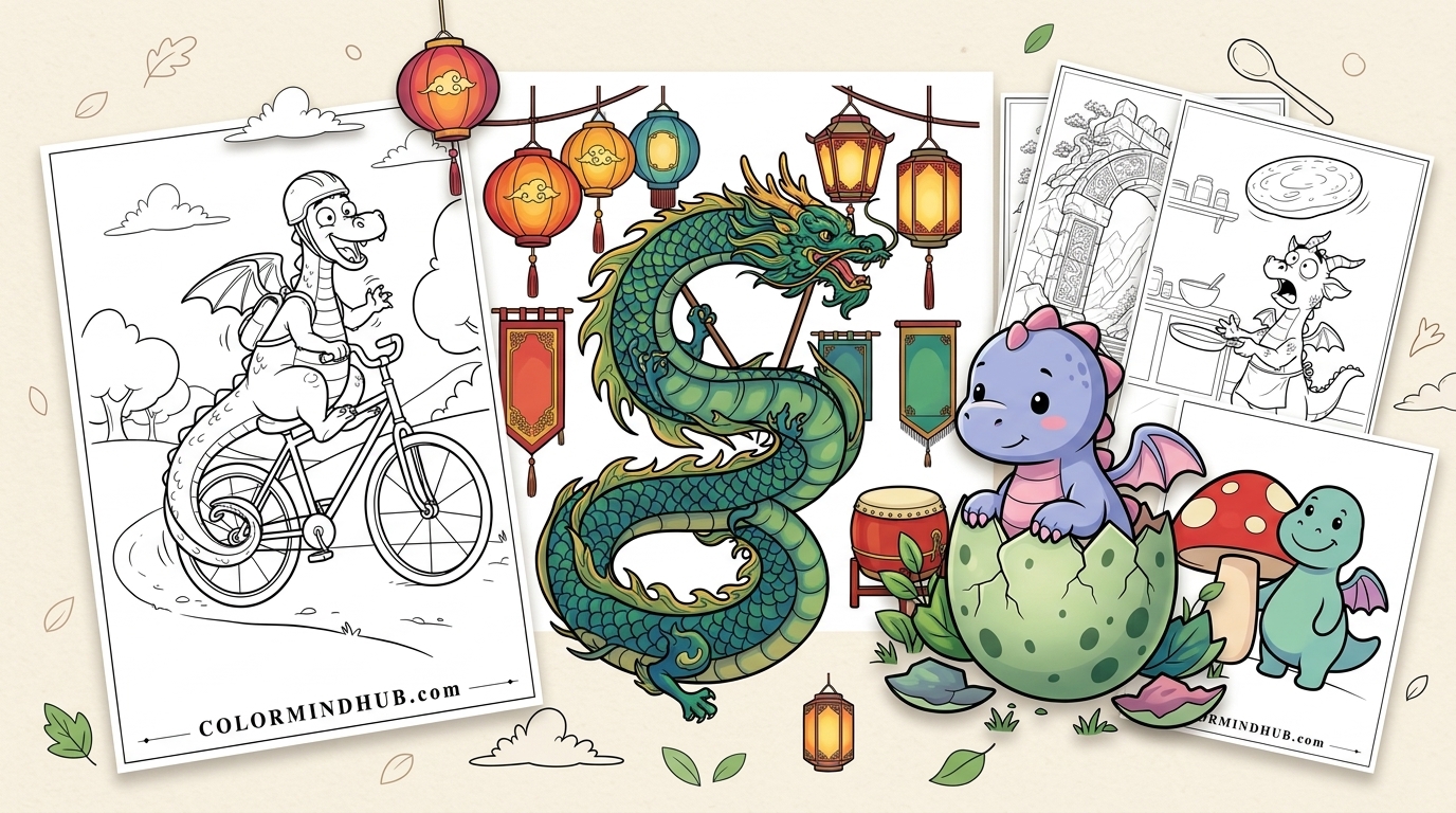 Featured image for Dragon Coloring Pages featuring a green traditional Chinese dragon with lanterns, a cute purple baby dragon hatching from an egg, and black and white printable dragon coloring sheets.