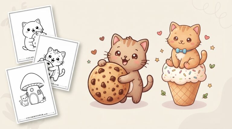cat coloring pages featuring an orange tabby kitten hugging a giant chocolate chip cookie, a kitten sitting on an ice cream cone, and black-and-white mushroom house and fish-catching kitten previews