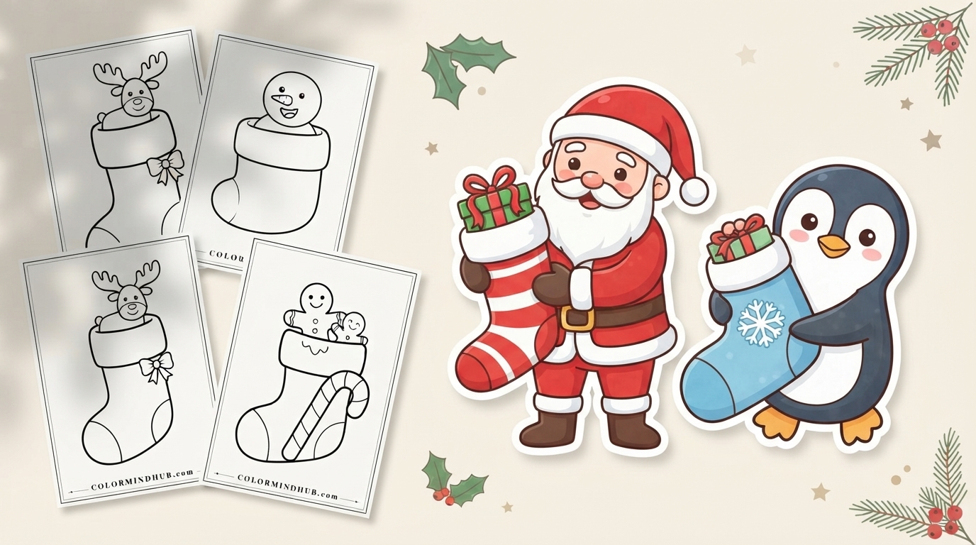 Christmas coloring pages featuring Santa Claus holding a gift stocking, a cute penguin with a blue stocking, and black-and-white holiday stocking previews with reindeer and snowmen