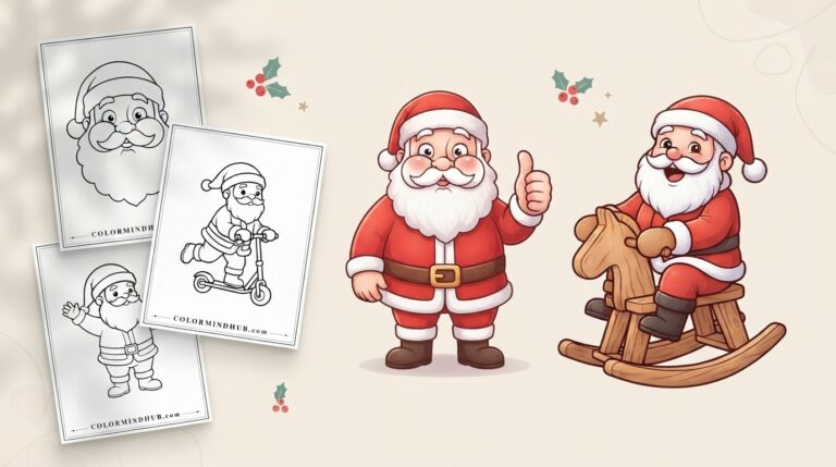 Christmas coloring pages featuring Santa Claus giving a thumbs-up, Santa riding a rocking horse, and black-and-white Santa face and scooter sheet previews