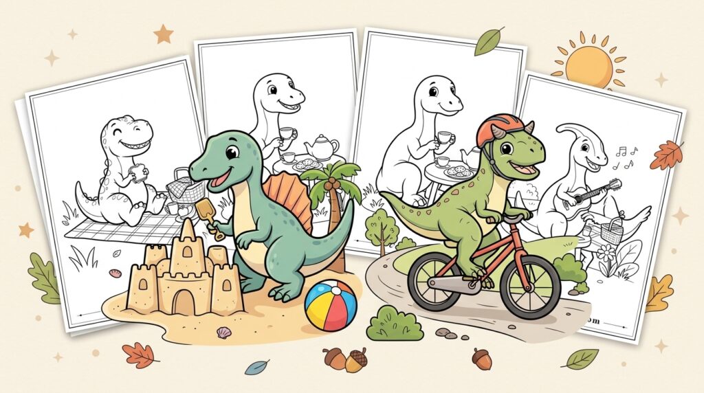 Featured image for Cute Dinosaur Coloring Pages showing colorful cartoon dinosaurs building a sandcastle and riding a bicycle, surrounded by black and white printable dinosaur coloring sheets.