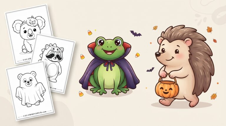 Halloween coloring pages featuring a frog in a vampire cape and a hedgehog holding a jack-o'-lantern candy bucket, and black-and-white costumed animal sheet previews