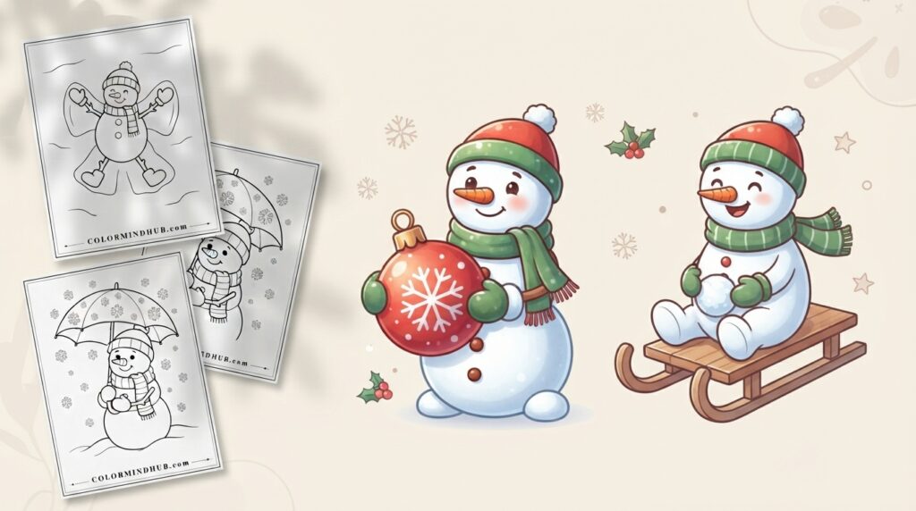 Christmas coloring pages featuring a cheerful snowman holding a red ornament, a snowman sitting on a wooden sled, and black-and-white snowman snow-angel and umbrella previews