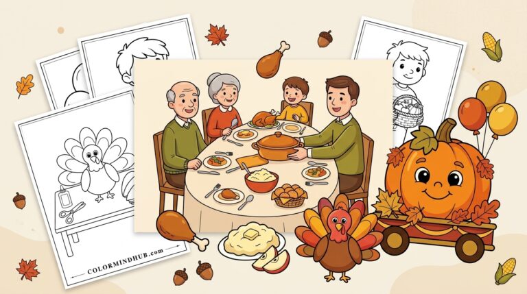 Cute Thanksgiving coloring pages featuring a family having dinner, a turkey, and a pumpkin wagon, along with black-and-white holiday sheet previews