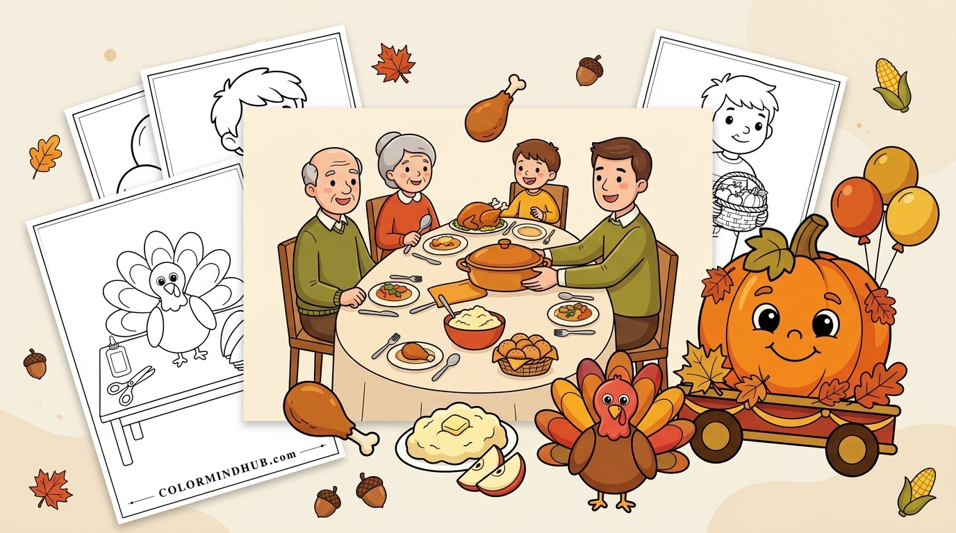 Cute Thanksgiving coloring pages featuring a family having dinner, a turkey, and a pumpkin wagon, along with black-and-white holiday sheet previews