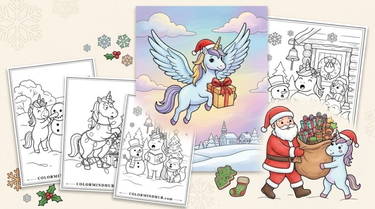 Featured image for Unicorn Christmas Coloring Pages featuring a winged unicorn in a Santa hat flying with a gift box, Santa Claus holding a gift bag with a unicorn, and black and white printable holiday coloring sheets.