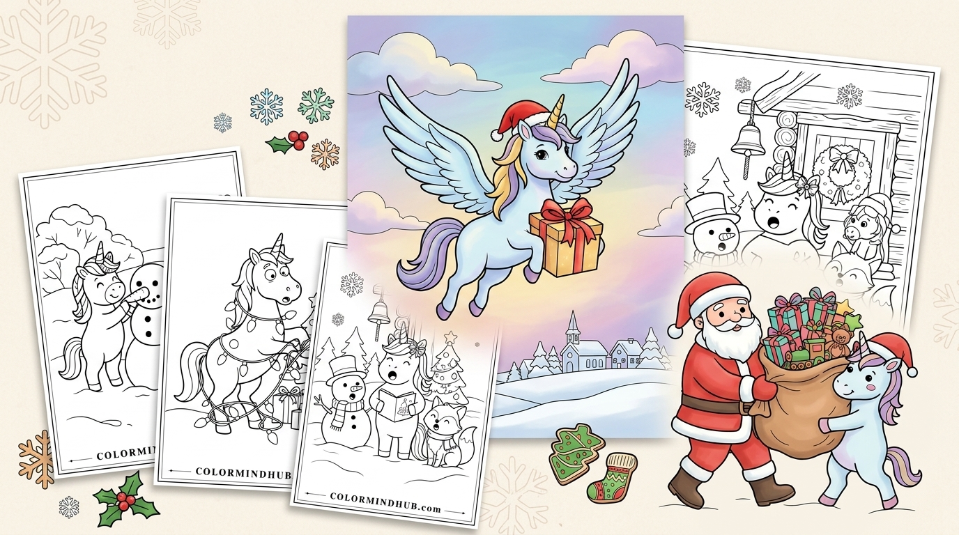Featured image for Unicorn Christmas Coloring Pages featuring a winged unicorn in a Santa hat flying with a gift box, Santa Claus holding a gift bag with a unicorn, and black and white printable holiday coloring sheets.