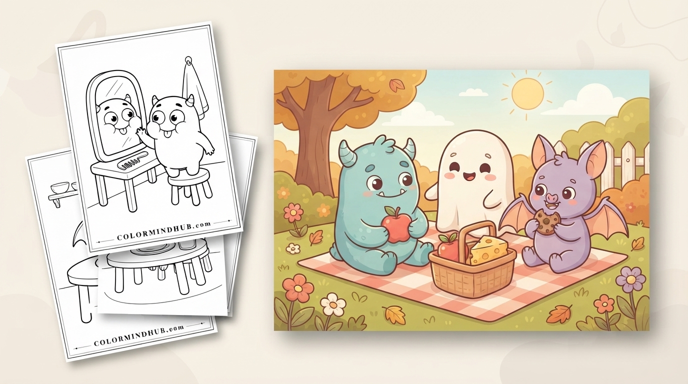 Halloween coloring pages featuring a picnic scene with a monster, ghost, and bat eating fruit and cheese, and black-and-white monster sheet previews