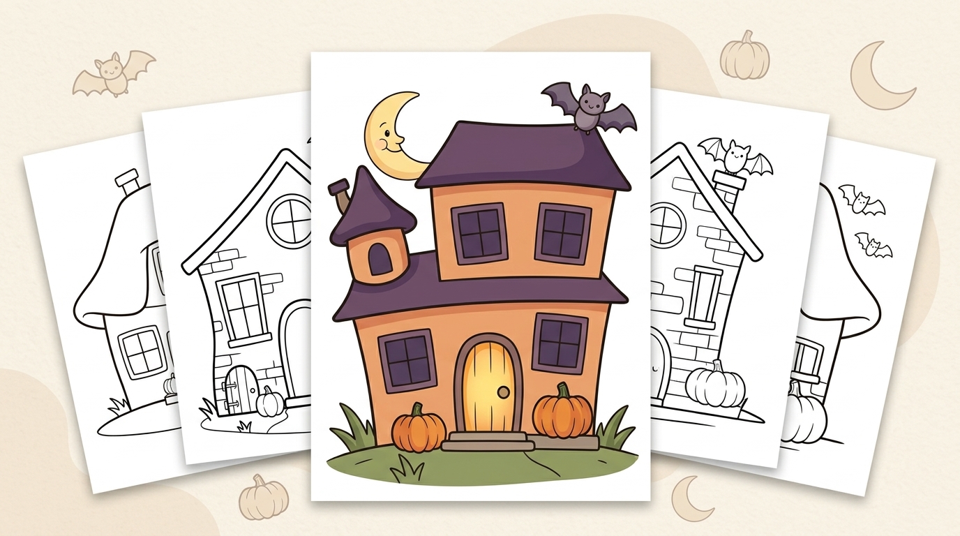 Halloween coloring pages featuring a two-story haunted house with pumpkins, moon, and bat, and black-and-white house sheet previews