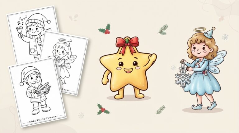 Christmas coloring pages featuring a smiling star character with a red bow, an angel holding a snowflake, and black-and-white singing girl, angel, and elf previews