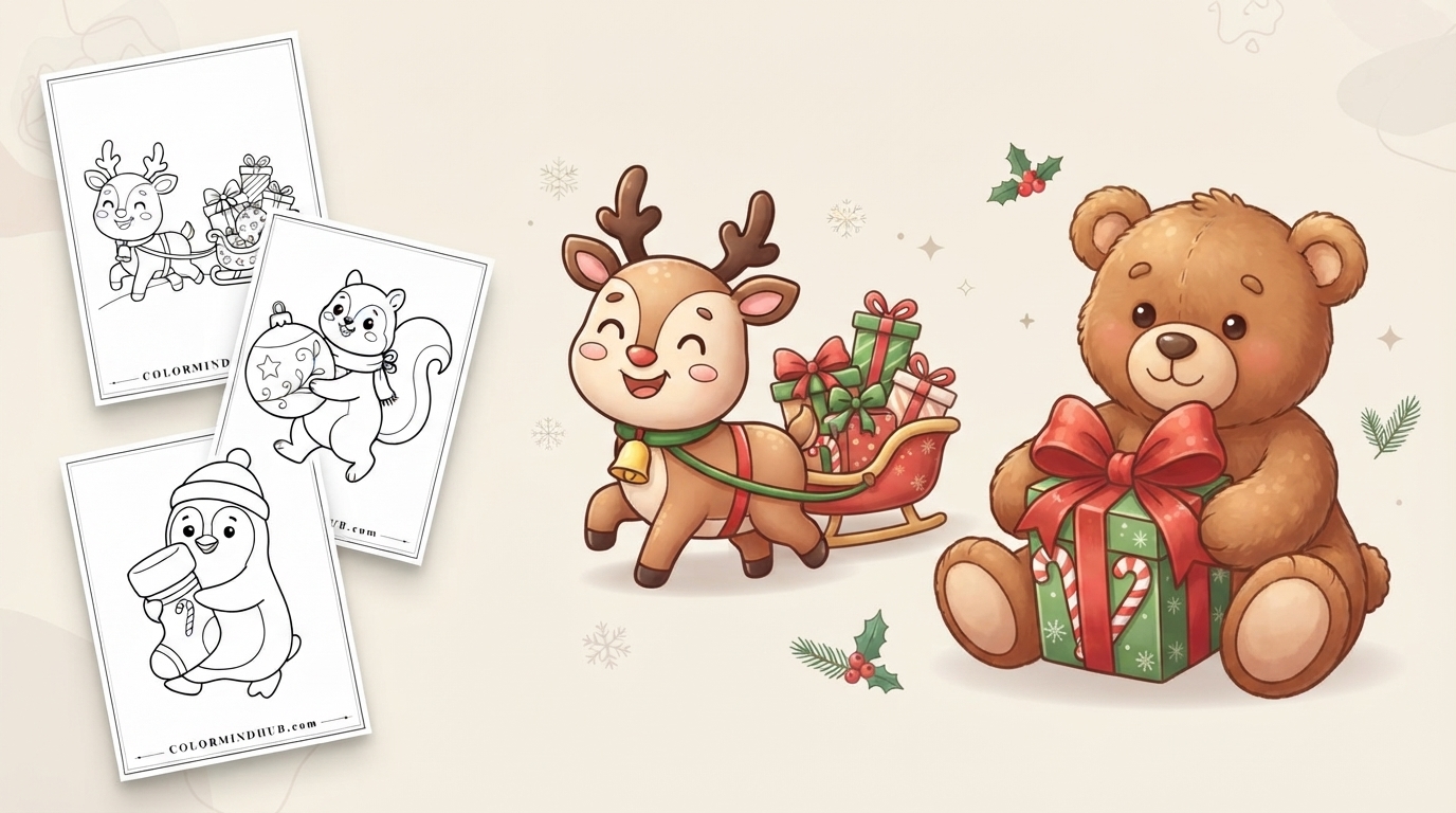 Cute Christmas coloring pages featuring a cute reindeer pulling a gift sleigh, a teddy bear holding a wrapped present, and black-and-white reindeer sleigh, squirrel, and penguin previews