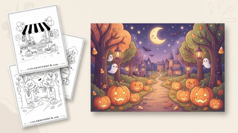 Halloween coloring pages featuring a spooky forest path lined with glowing jack-o'-lanterns and cute ghosts, under a crescent moon, and black-and-white market stall sheet previews