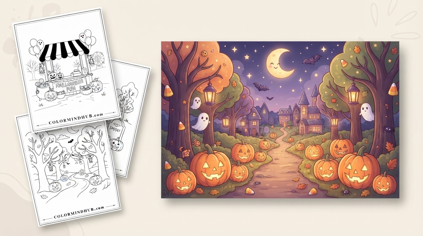 Halloween coloring pages featuring a spooky forest path lined with glowing jack-o'-lanterns and cute ghosts, under a crescent moon, and black-and-white market stall sheet previews