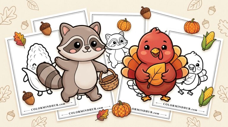 Thanksgiving coloring pages featuring a cute raccoon with a basket and a red turkey holding an autumn leaf, alongside black-and-white animal sheet previews