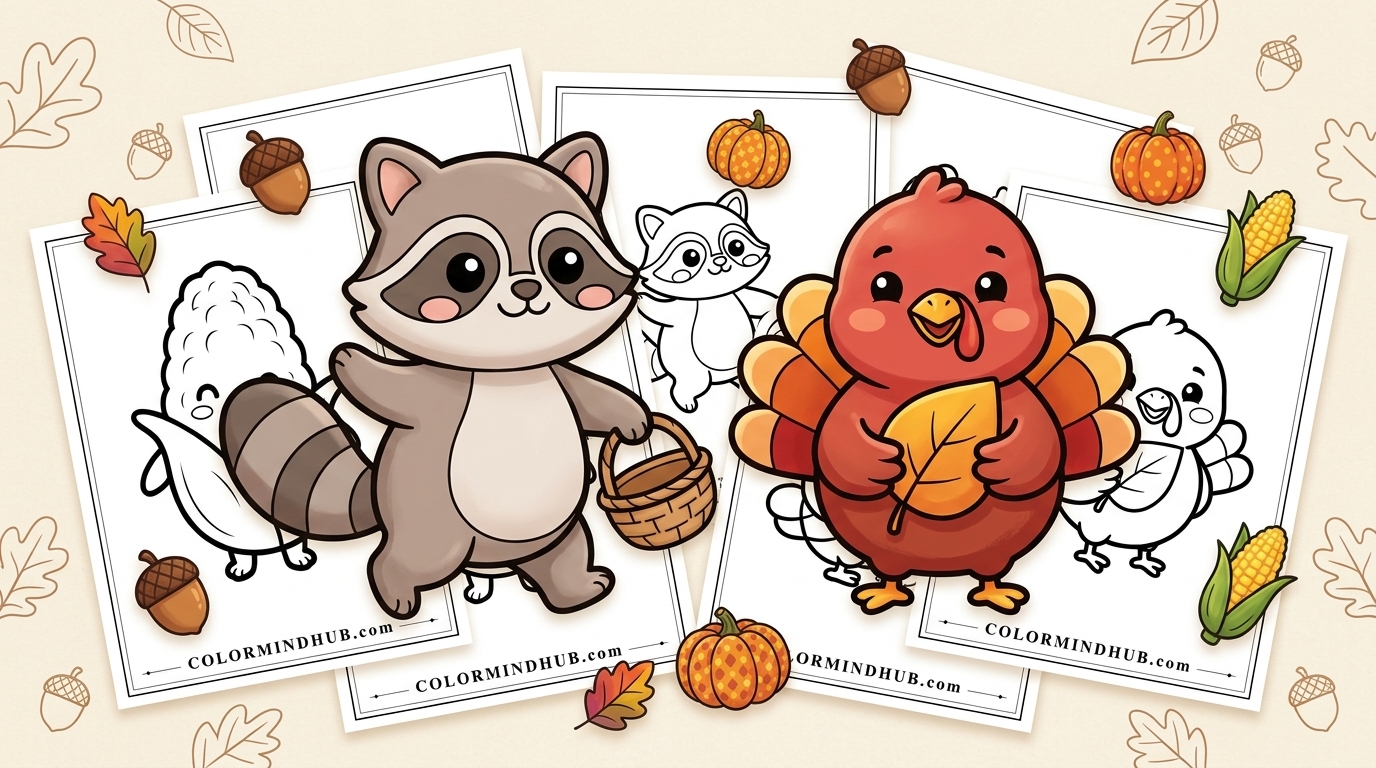 Thanksgiving coloring pages featuring a cute raccoon with a basket and a red turkey holding an autumn leaf, alongside black-and-white animal sheet previews