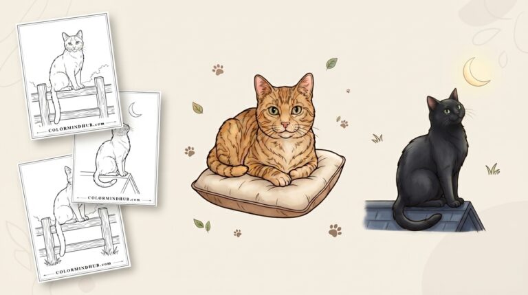 cat coloring pages featuring an orange tabby cat resting on a pillow, a black cat sitting on a rooftop under a crescent moon, and black-and-white cat fence sheet previews