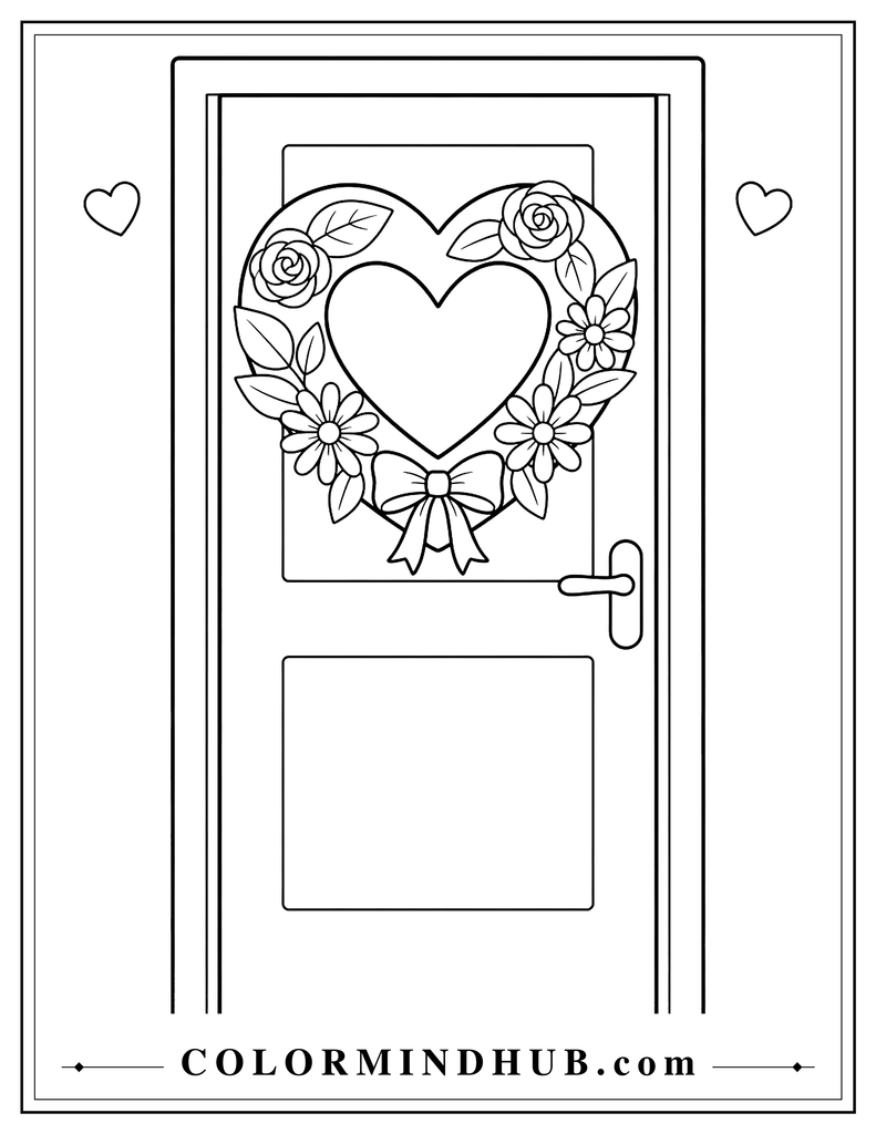 Heart-shaped wreath decorated with large flowers, leaves, and a ribbon bow hanging on a simple door, with two hearts on the wall.