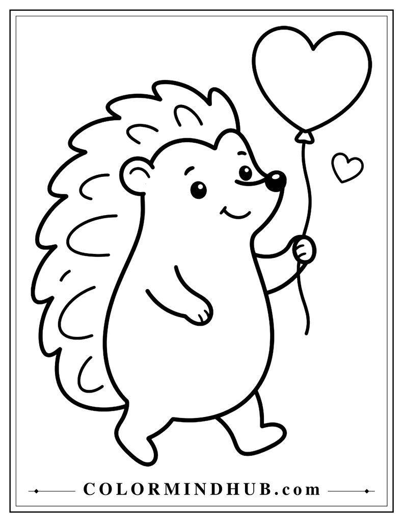 Hedgehog walking upright while holding the string of a large heart-shaped balloon, with a small heart nearby.