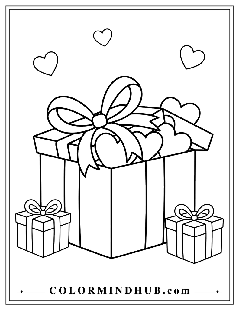 Large Valentine gift box with a bow and ribbon, heart-shaped decorations inside the open lid, two smaller presents, and three hearts above.
