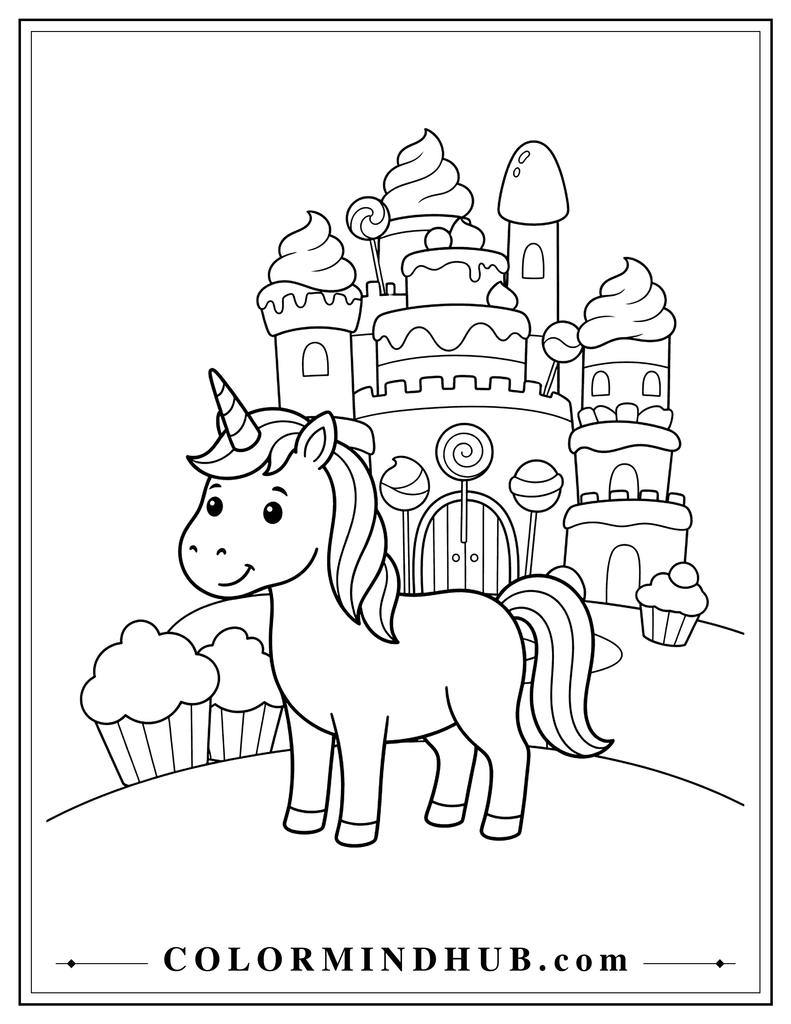  Cute unicorn standing in front of a magical castle made from large cakes and cupcakes, with cake-shaped towers, large frosting tops, and a few big candy-like decorations.