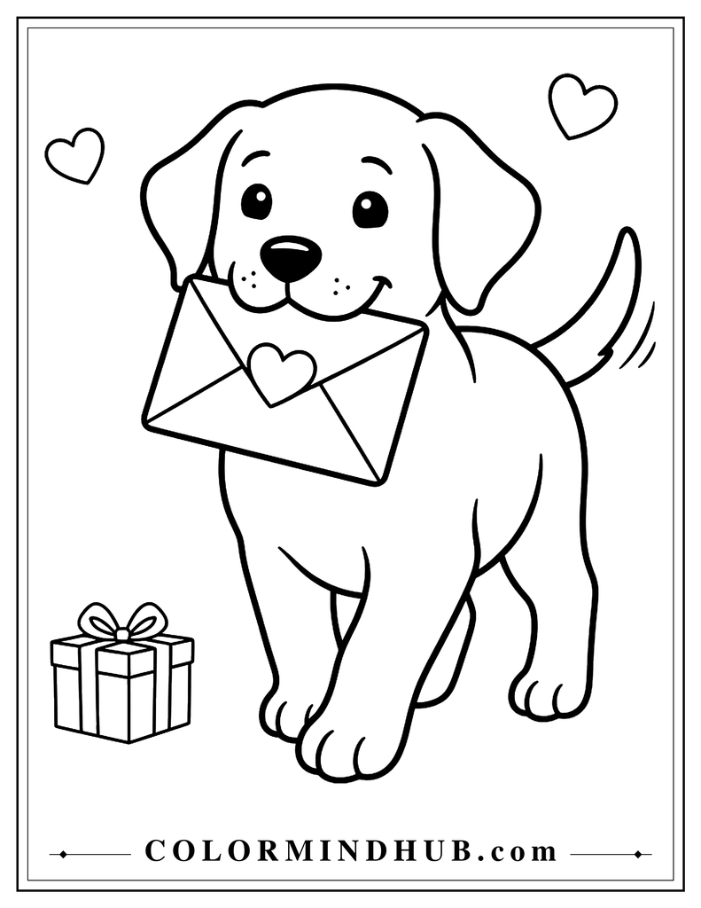 Puppy walking with a sealed heart-shaped envelope in its mouth, beside a small gift box and two hearts in the background.