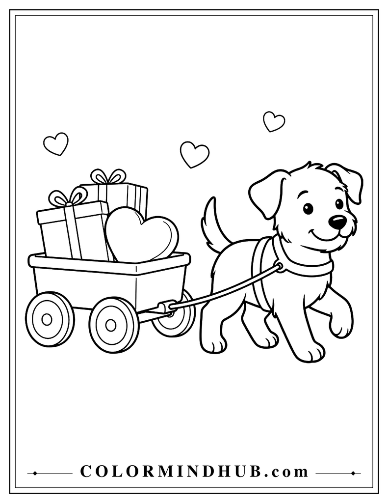 Puppy pulling a four-wheeled wagon carrying two wrapped gifts and a heart-shaped cushion, with three hearts in the background.