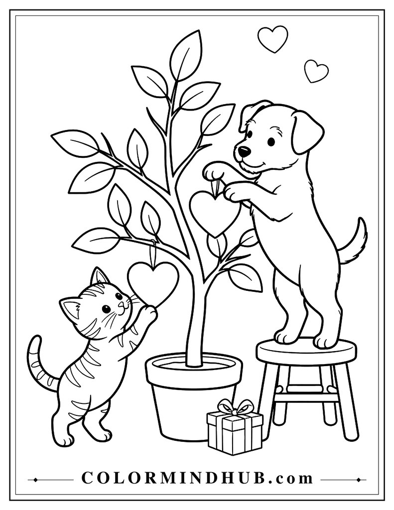 Puppy hanging a heart ornament on a small potted tree while a kitten reaches toward another ornament, with a gift box nearby.