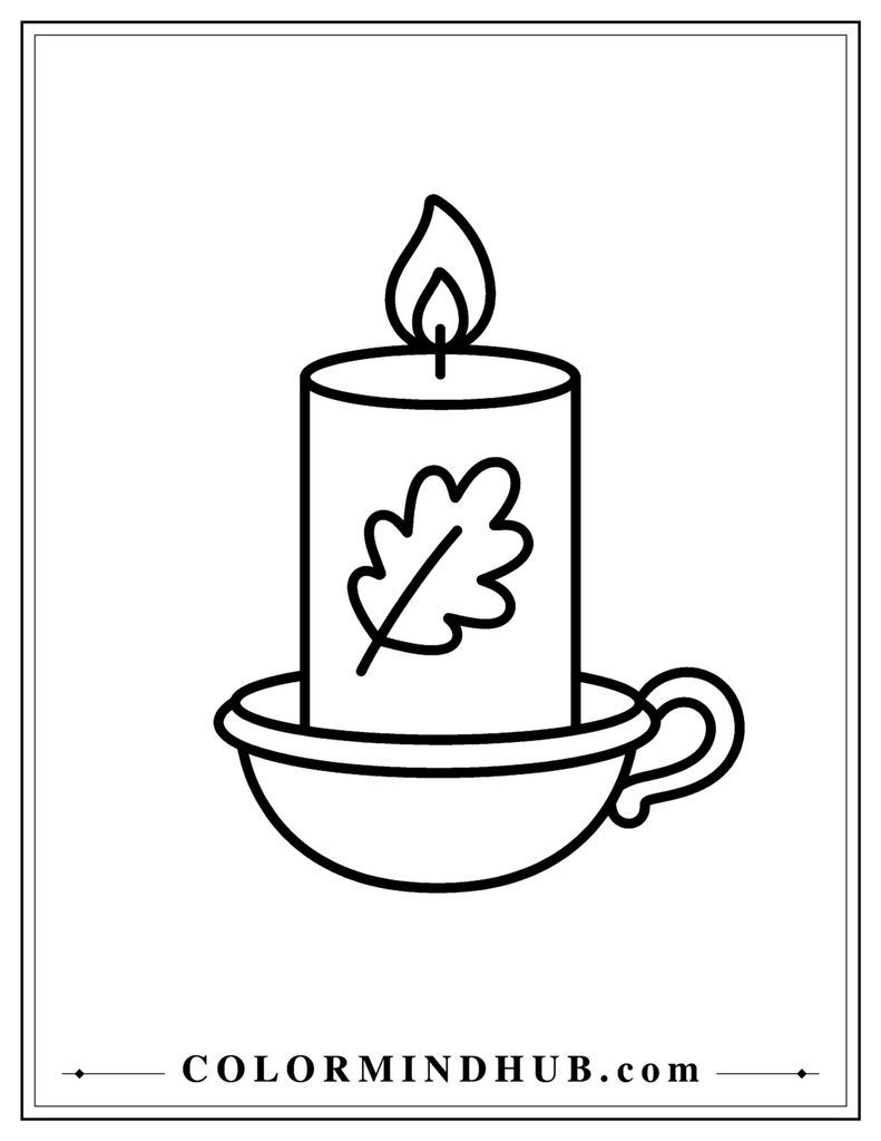 Simple Thanksgiving candle in a decorative holder with a large leaf symbol - easy Thanksgiving coloring page