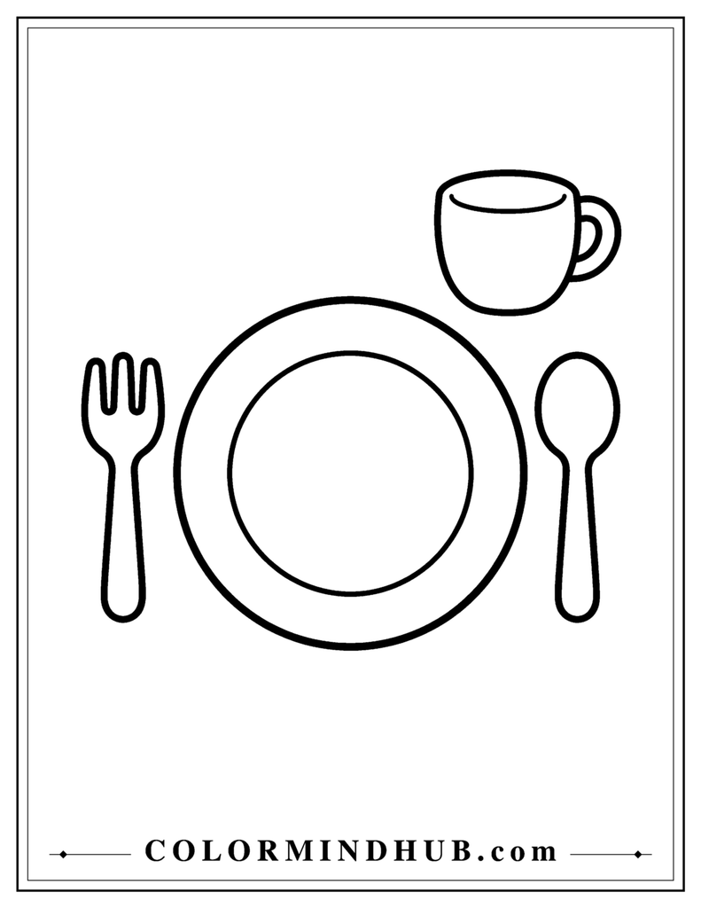 Simple Thanksgiving place setting with a plate, cup, fork, and spoon - easy Thanksgiving coloring page

