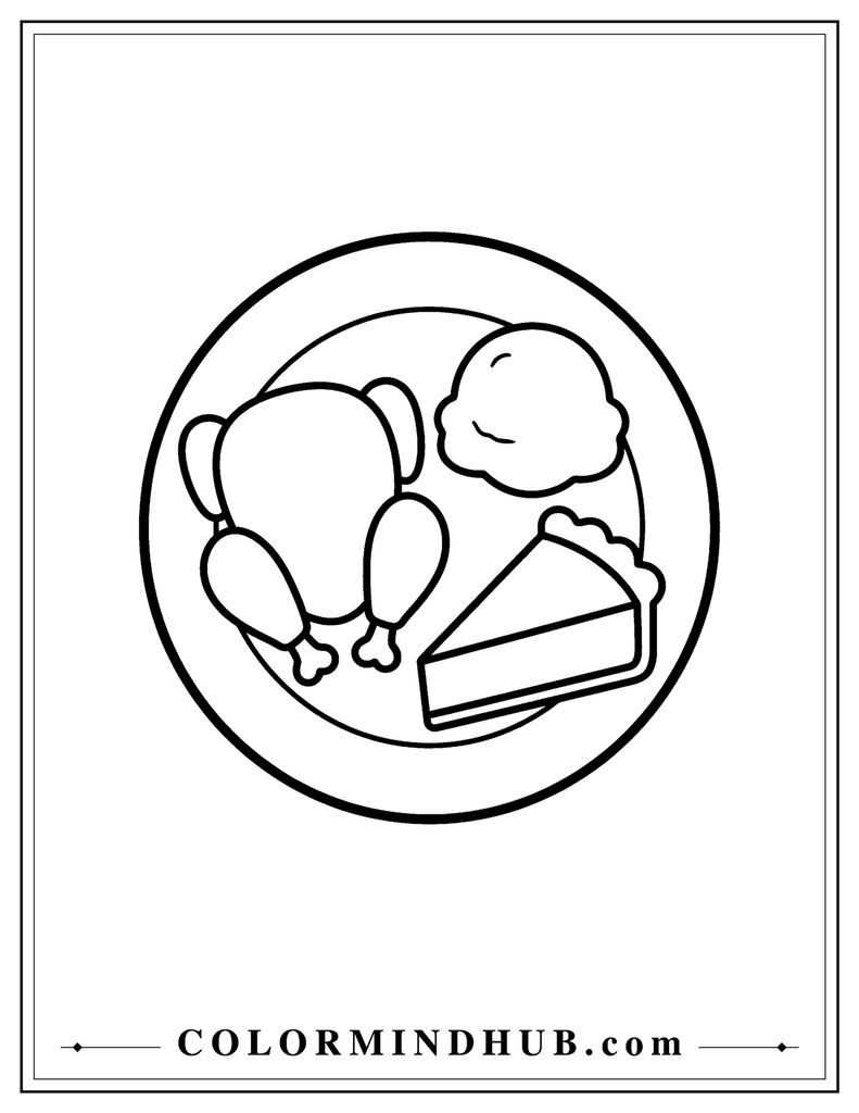 Simple Thanksgiving dinner plate with three large meal shapes - easy Thanksgiving coloring page