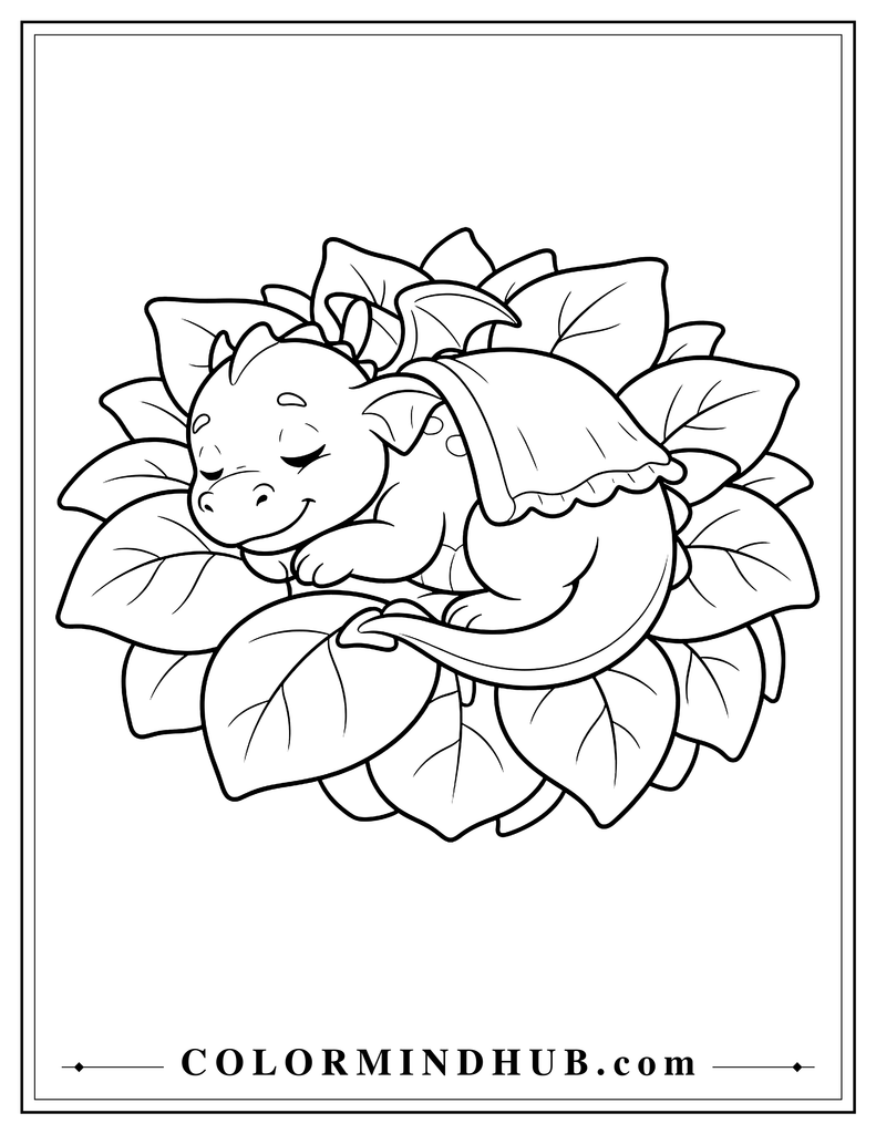 Sleepy baby dragon curled inside a cozy nest made from large leaves with tiny wings tucked beside its body and a small blanket over its back, printable baby dragon coloring page.