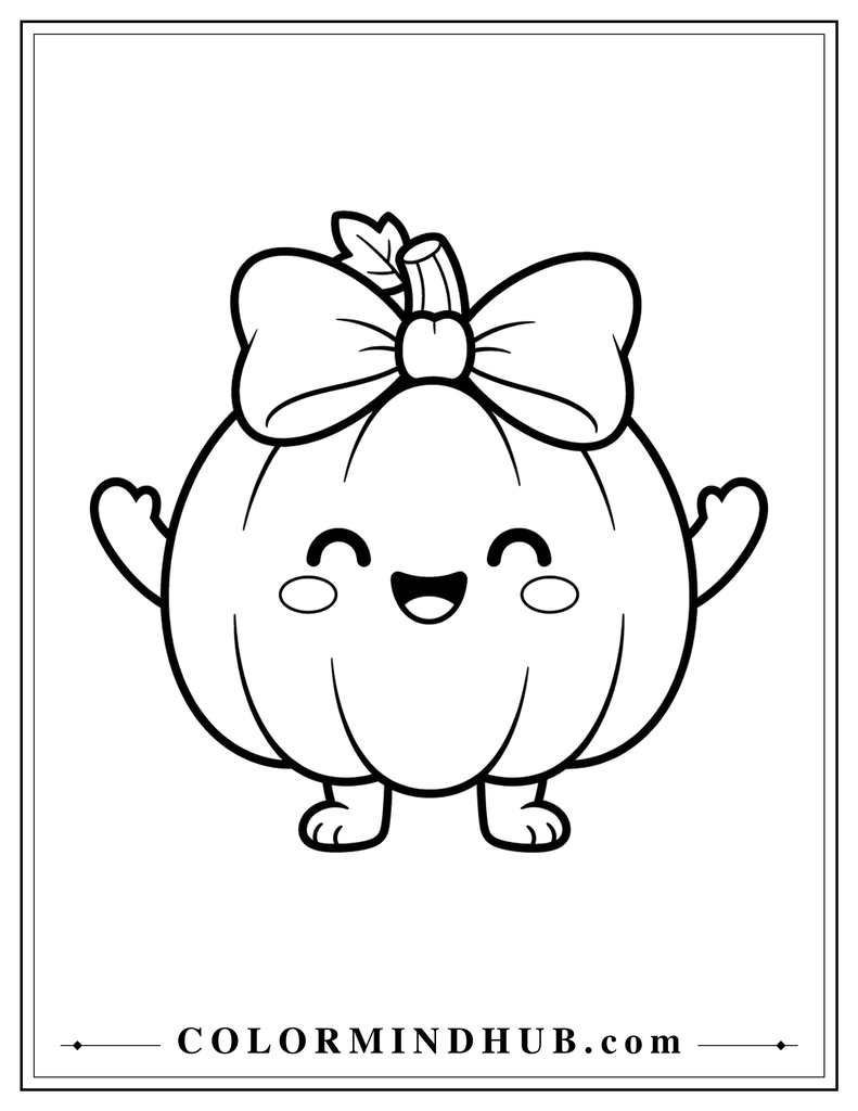 Adorable smiling pumpkin character wearing a large bow with tiny arms and feet - Thanksgiving coloring page for kids