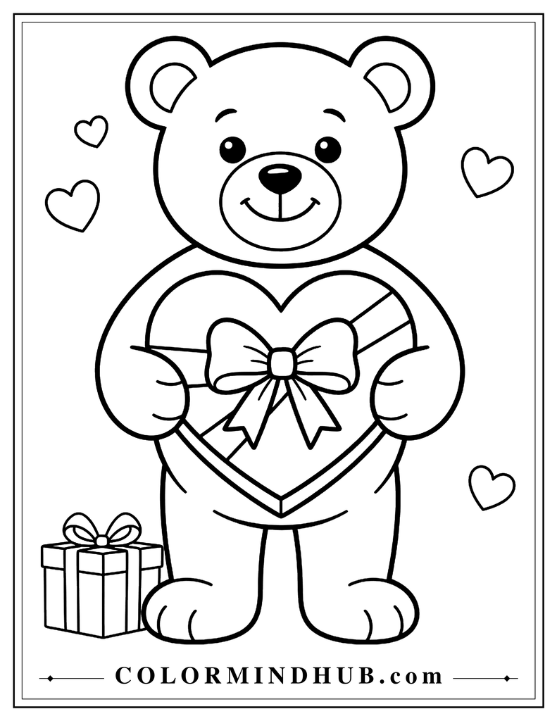 Teddy bear holding a heart-shaped gift box with a ribbon, a small present beside it, and three small hearts in the background.