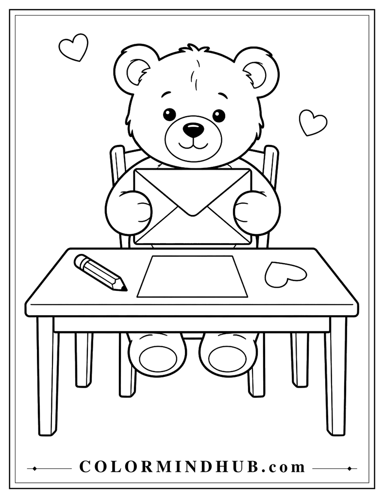 Teddy bear sitting at a desk with a blank envelope, blank paper, pencil, and heart-shaped paper cutout, with two hearts on the wall.